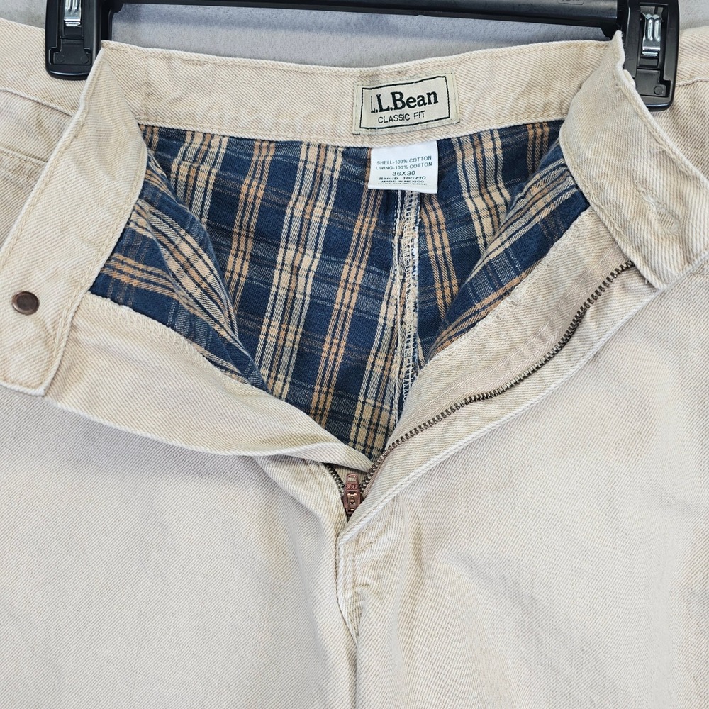 LL Bean Mens Classic Fit Flannel Lined Jeans 36x30 Beige Plaid Rugged Denim Pant - Picture 8 of 11